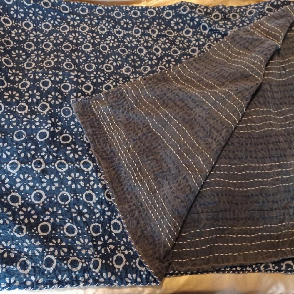 NWT Taj Hotel Blue Hand Block  Kantha Reversible Cotton Throw